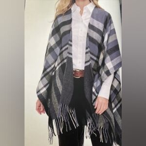 BANANA REPUBLIC | Textured Cashmere Wool Blend Blue Grey Plaid Knit Poncho | OS